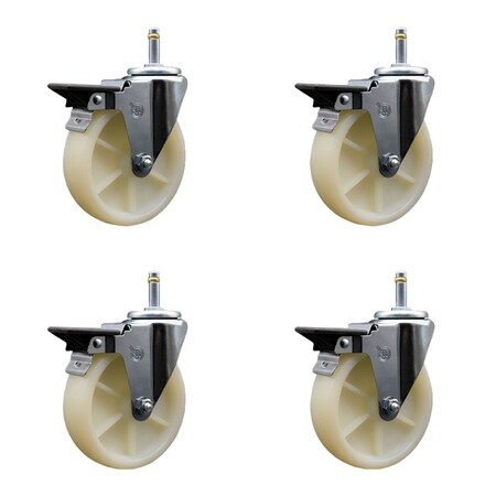 Service Caster 5'' Nylon Wheel Swivel 7/16'' Grip Ring Stem Caster Set with Brake, 4PK SCC-GR20S514-NYS-PLB-716138-4